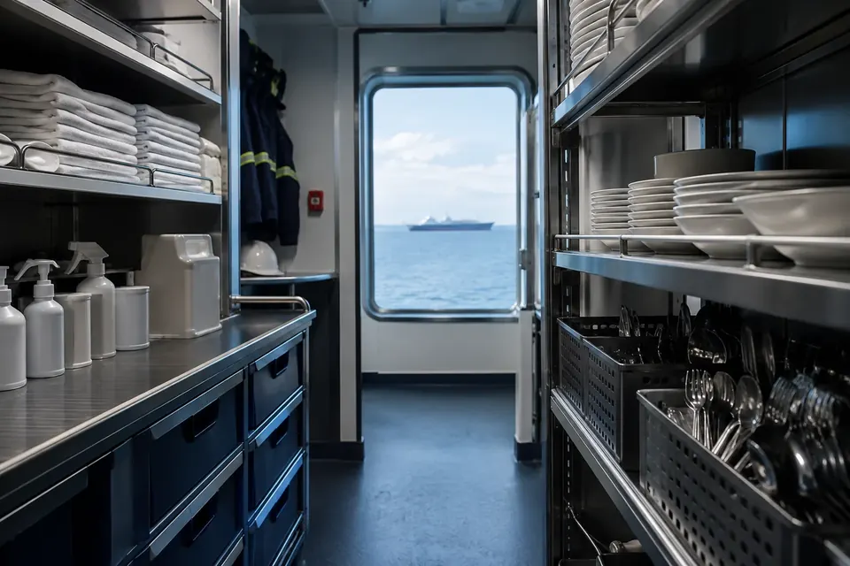 Cabin stores for commercial vessels including linen, tableware, galley utensils, hygiene and cleaning supplies