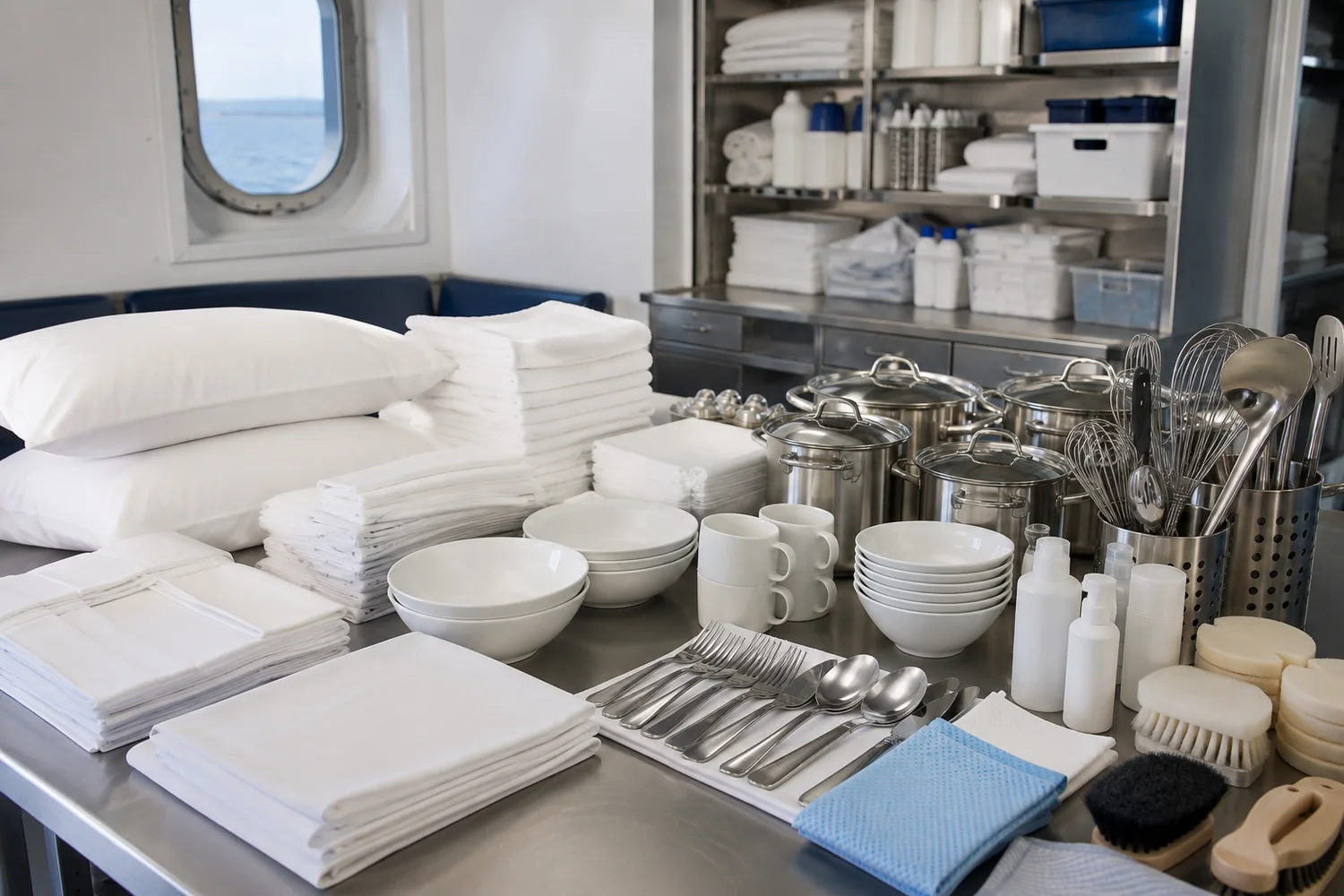 Ship cabin stores with bed linen, towels, tableware, cookware, galley utensils and cleaning supplies