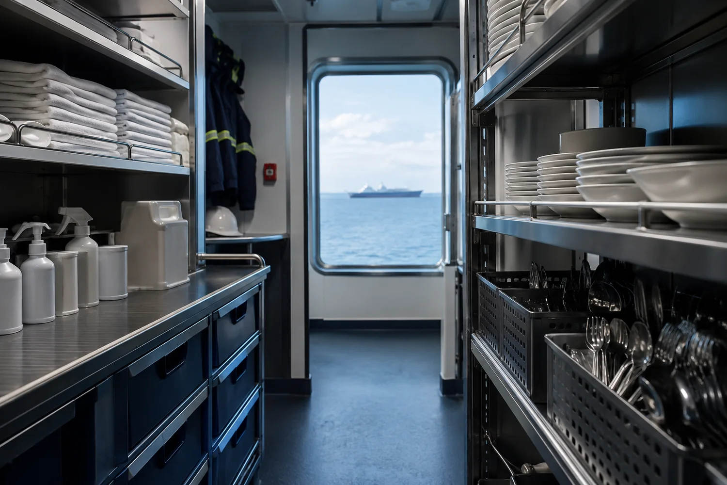 Cabin stores for commercial vessels including linen, tableware, galley utensils, hygiene and cleaning supplies