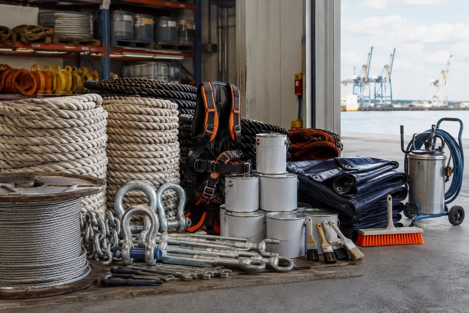 Deck stores including ropes, shackles, lifting accessories, marine coatings and safety equipment prepared for vessel delivery