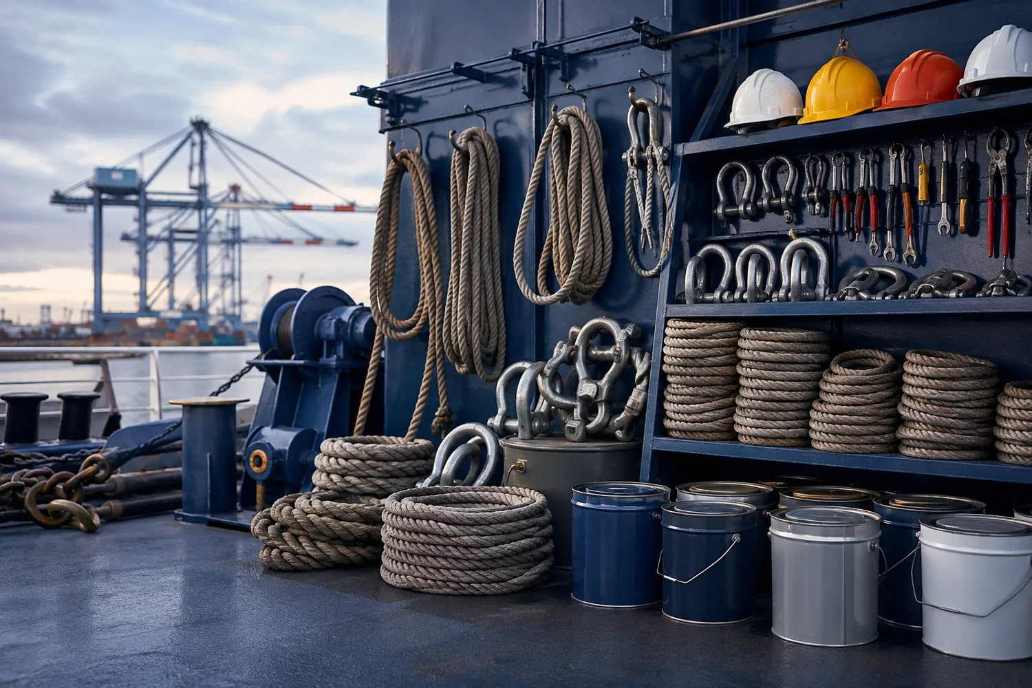 Organised deck stores with mooring ropes, rigging hardware, marine coatings, tools and safety equipment for ship supply in Poland