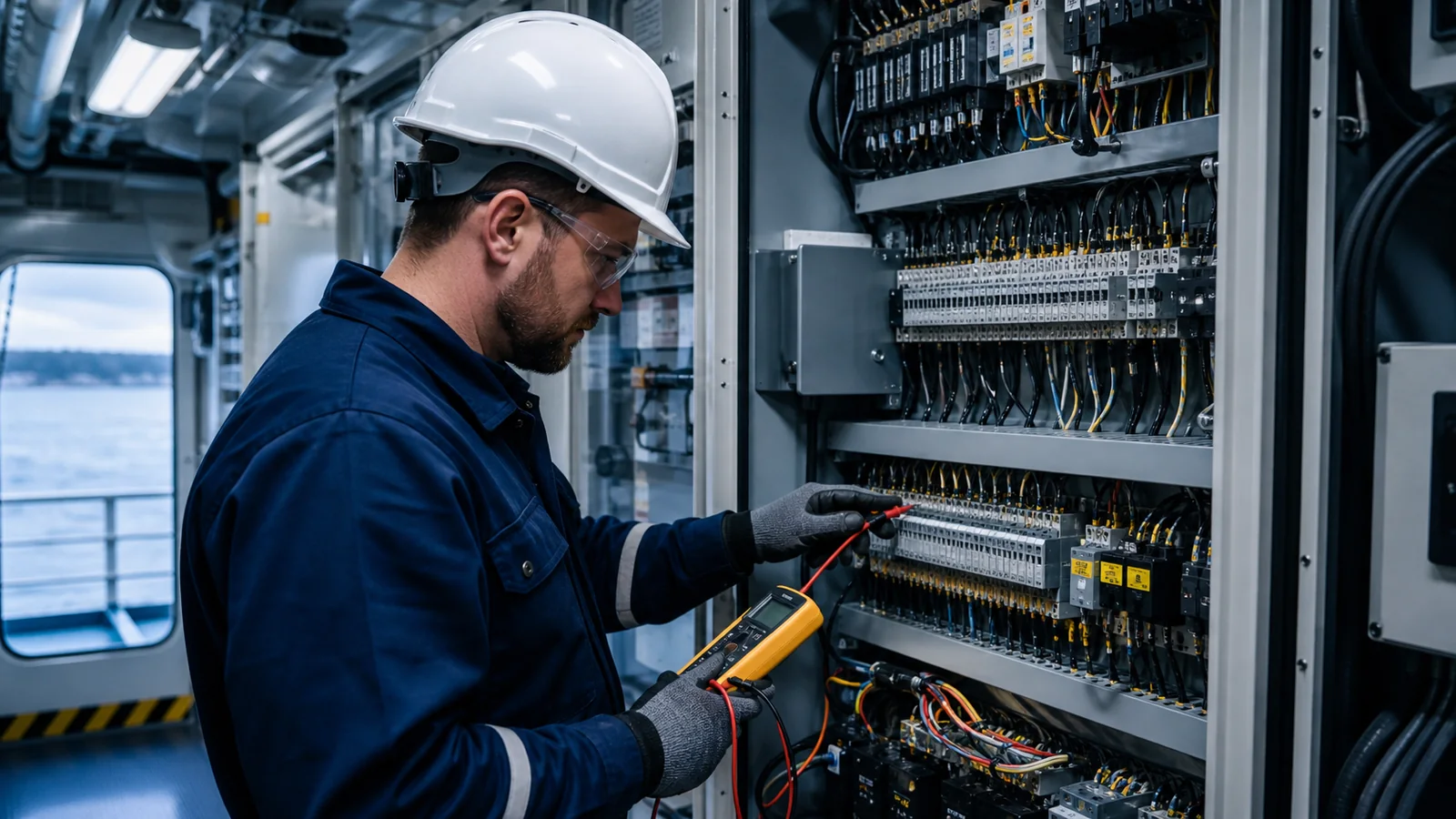 Marine electrician testing a shipboard electrical control cabinet