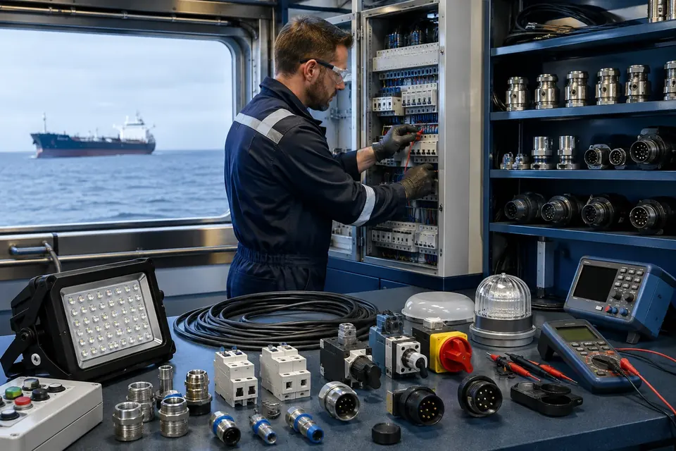 Marine electrical stores with cable glands, circuit breakers, connectors, LED lighting and testing instruments