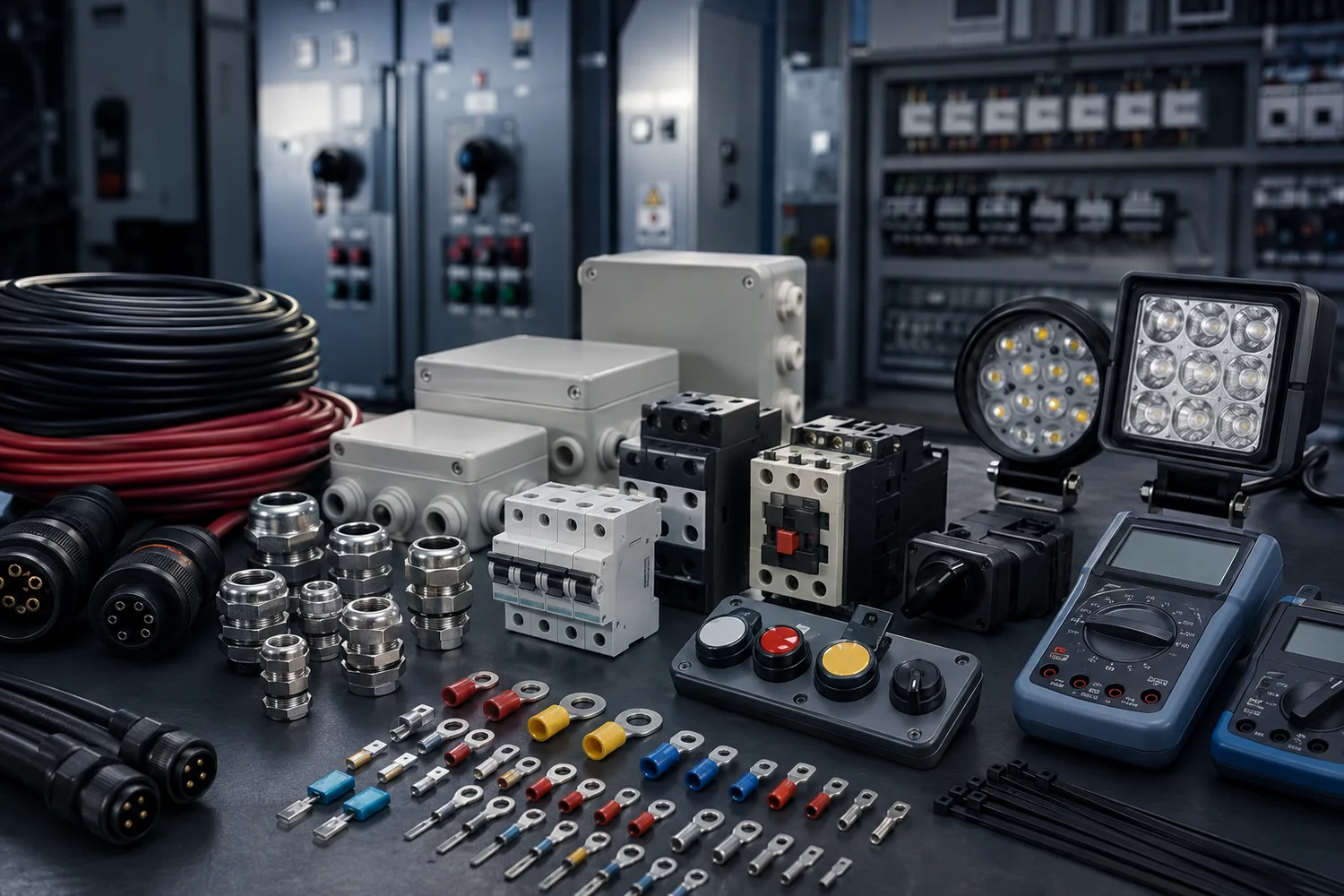 Marine electrical stores including circuit breakers, relays, connectors, cable glands, lighting and test instruments