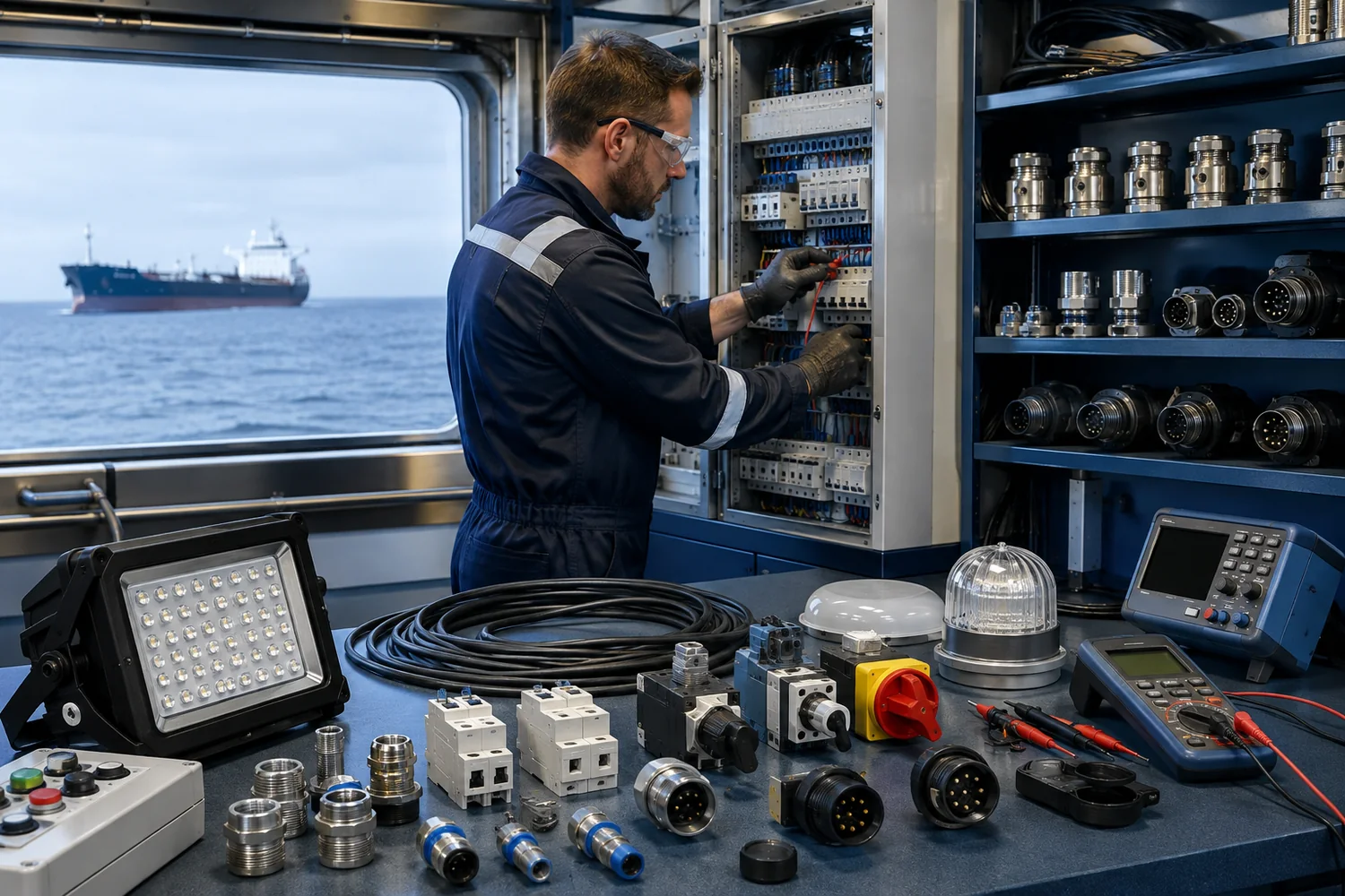 Marine electrical stores with cable glands, circuit breakers, connectors, LED lighting and testing instruments