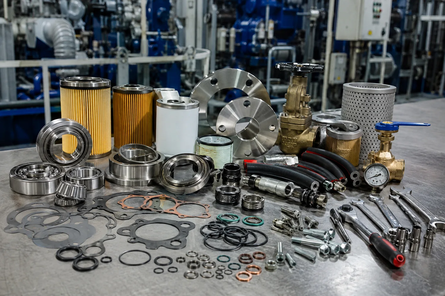Marine engine stores with bearings, filters, valves, gaskets, hoses and workshop tools