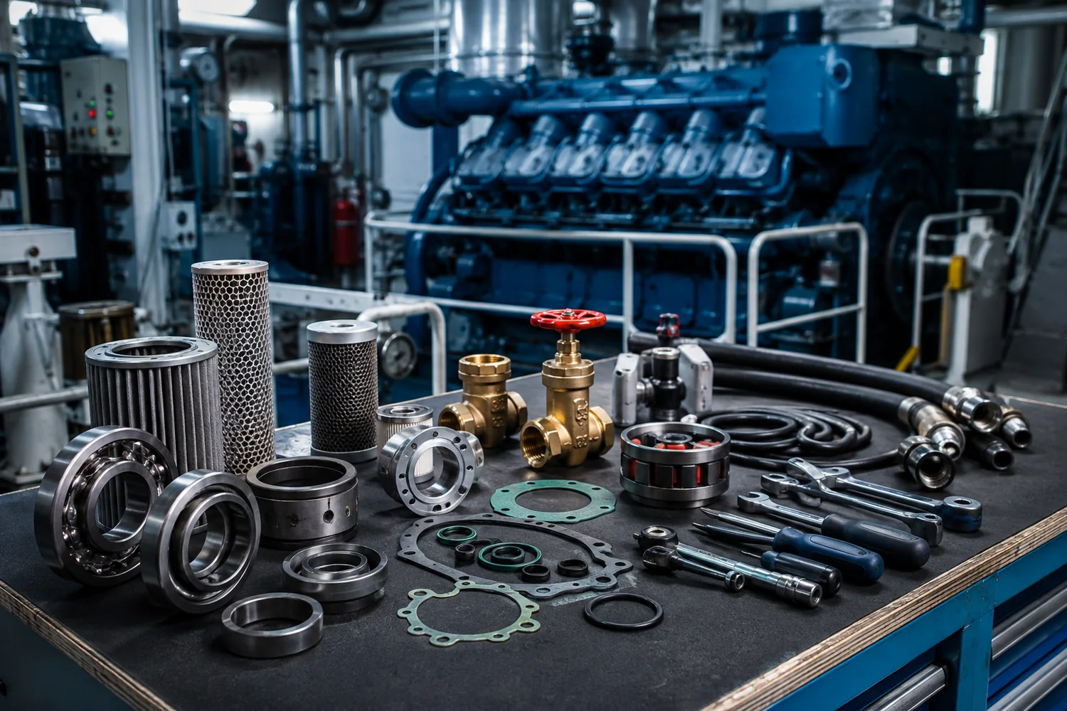 Marine engine stores including bearings, filters, valves, gaskets, hoses and workshop tools ready for vessel delivery