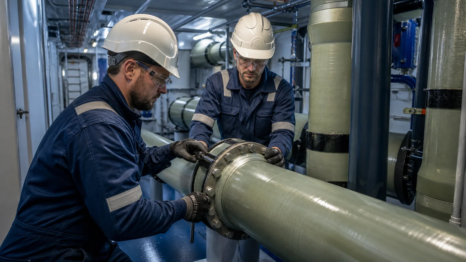 Marine technicians installing glass reinforced epoxy GRE pipework onboard a vessel