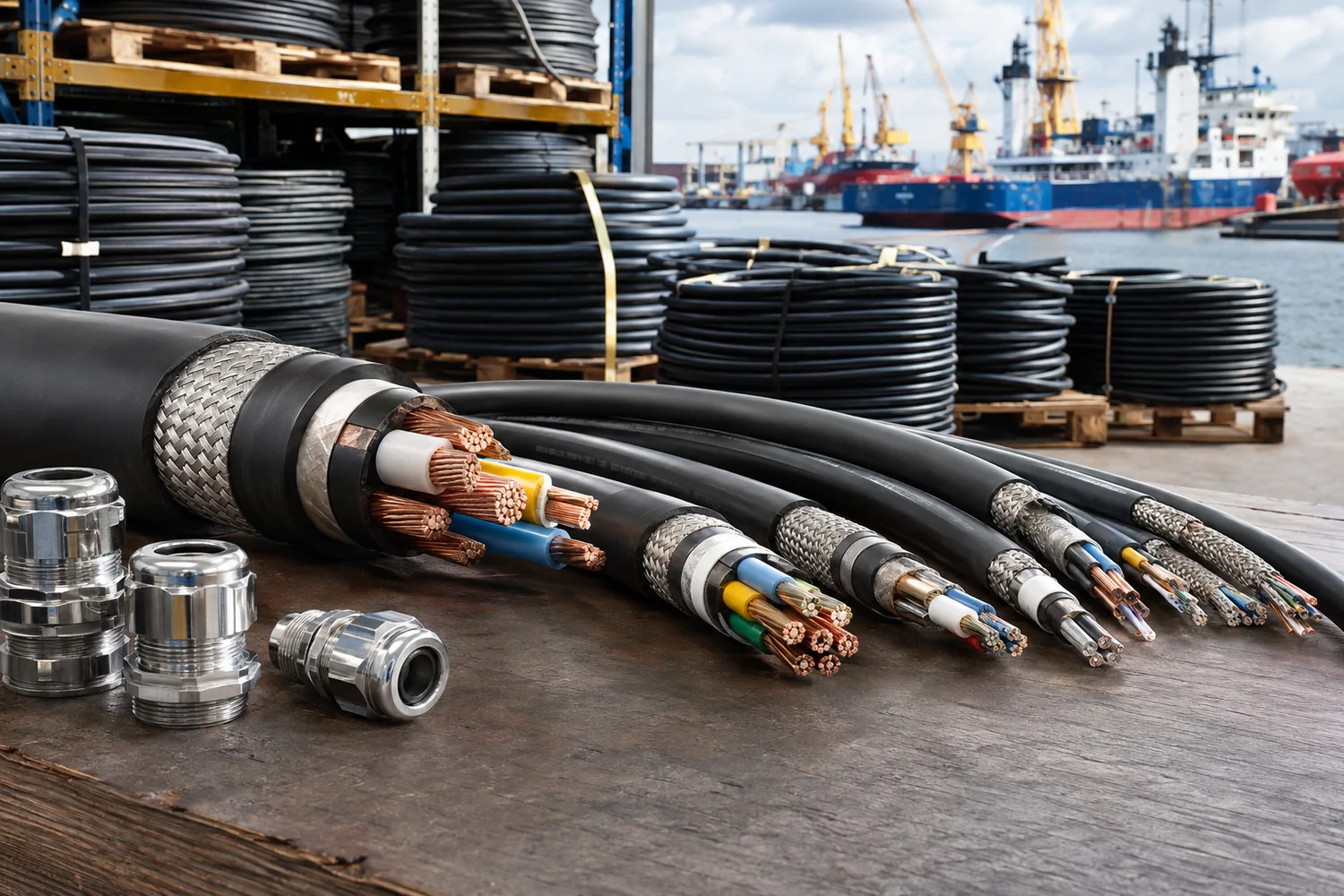 Marine power, control and instrumentation cables with copper conductors, shielding, armour and glands