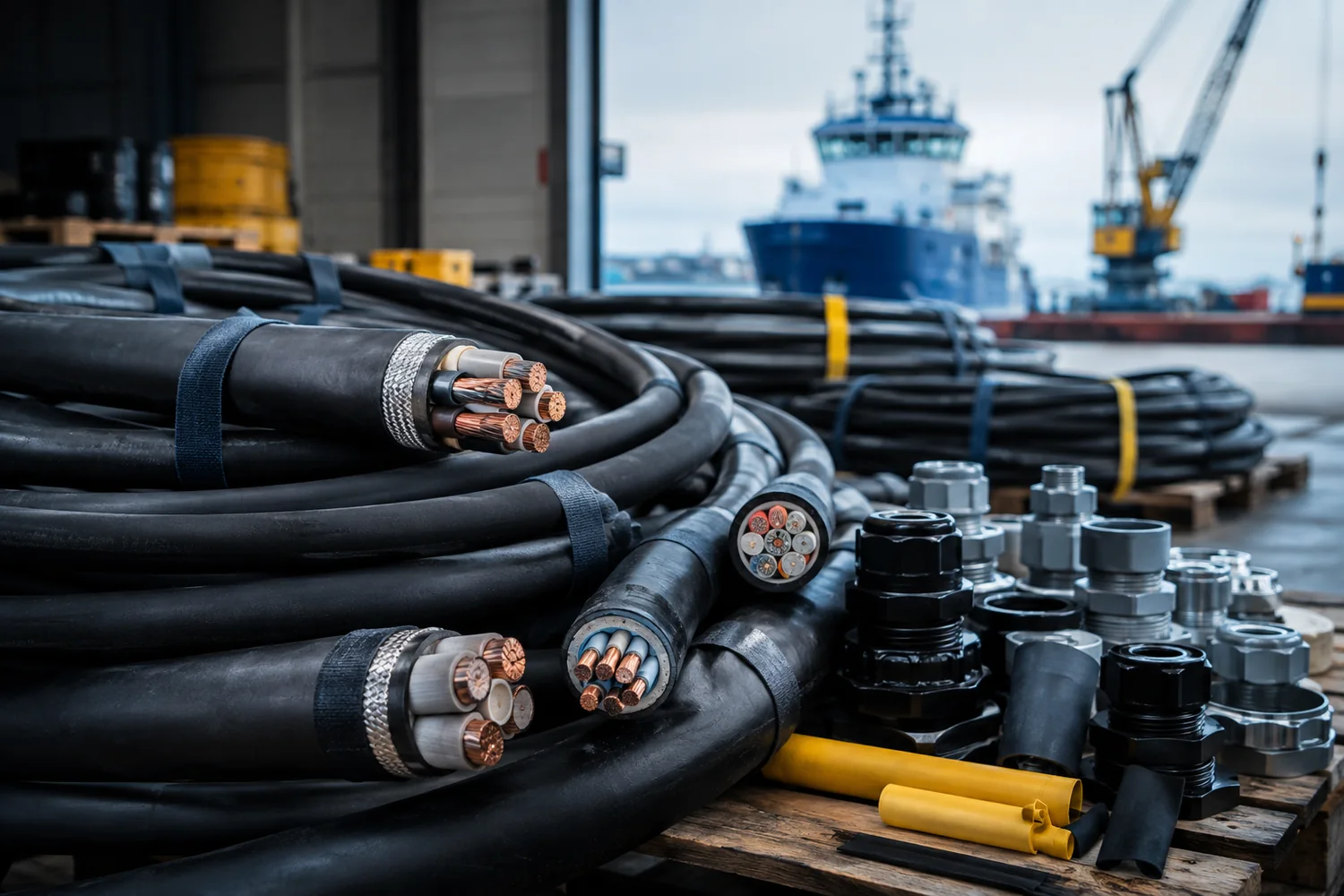 Marine and offshore power cables with copper conductors and cable glands prepared for technical ship supply