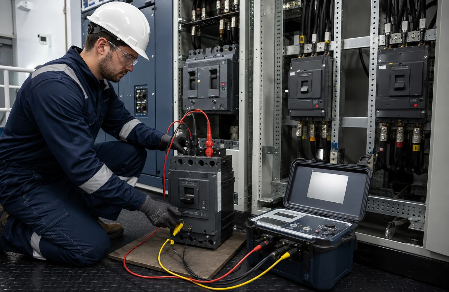 Marine electrician performing overcurrent circuit breaker testing in a shipboard switchboard