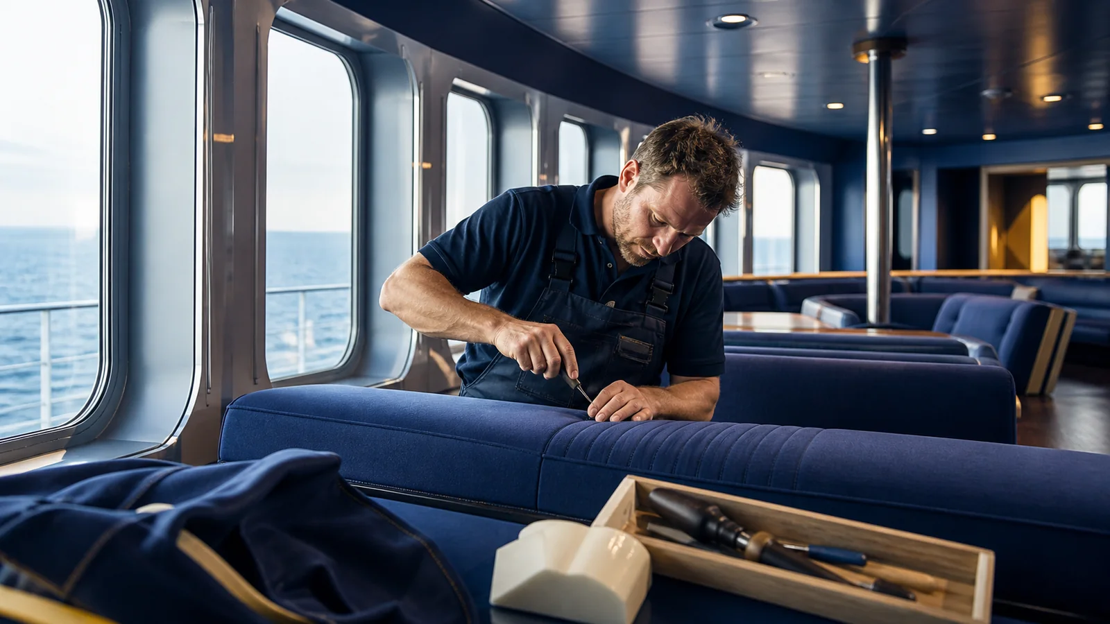 Marine upholsterer renewing seating inside a commercial vessel passenger lounge