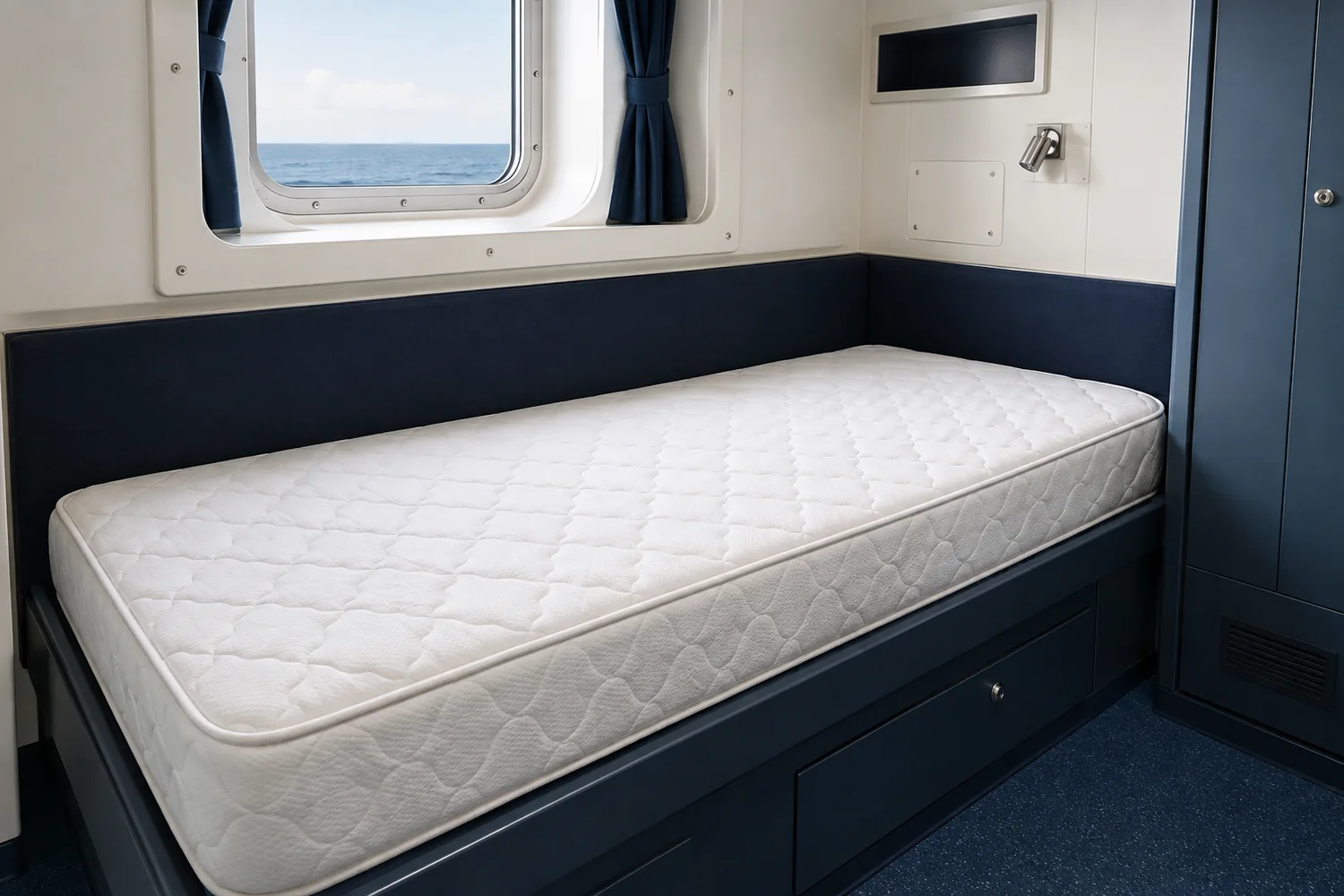 MED-certified marine mattress fitted in a commercial vessel crew cabin