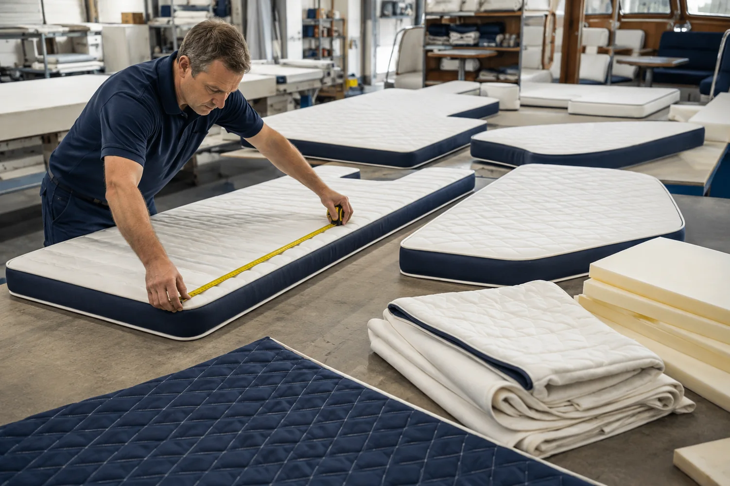 Custom-size MED-certified marine mattresses prepared for vessel cabins and non-standard berths