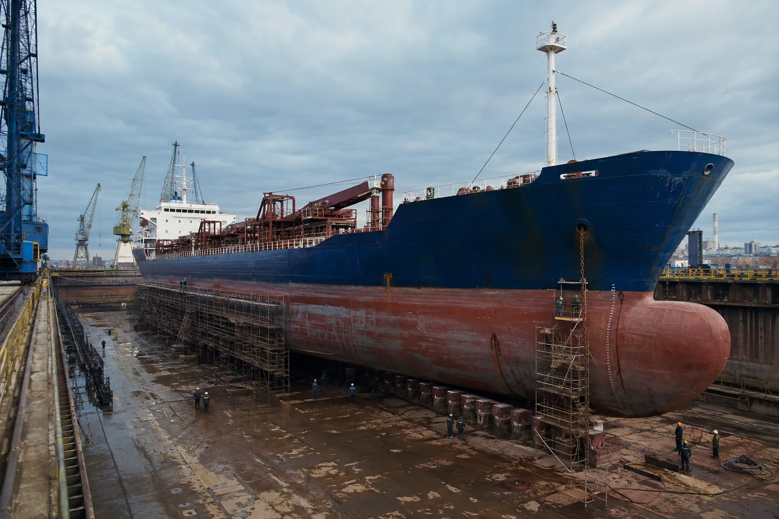 Commercial cargo vessel undergoing ship repair in a dry dock in Gdynia or Gdansk, Poland