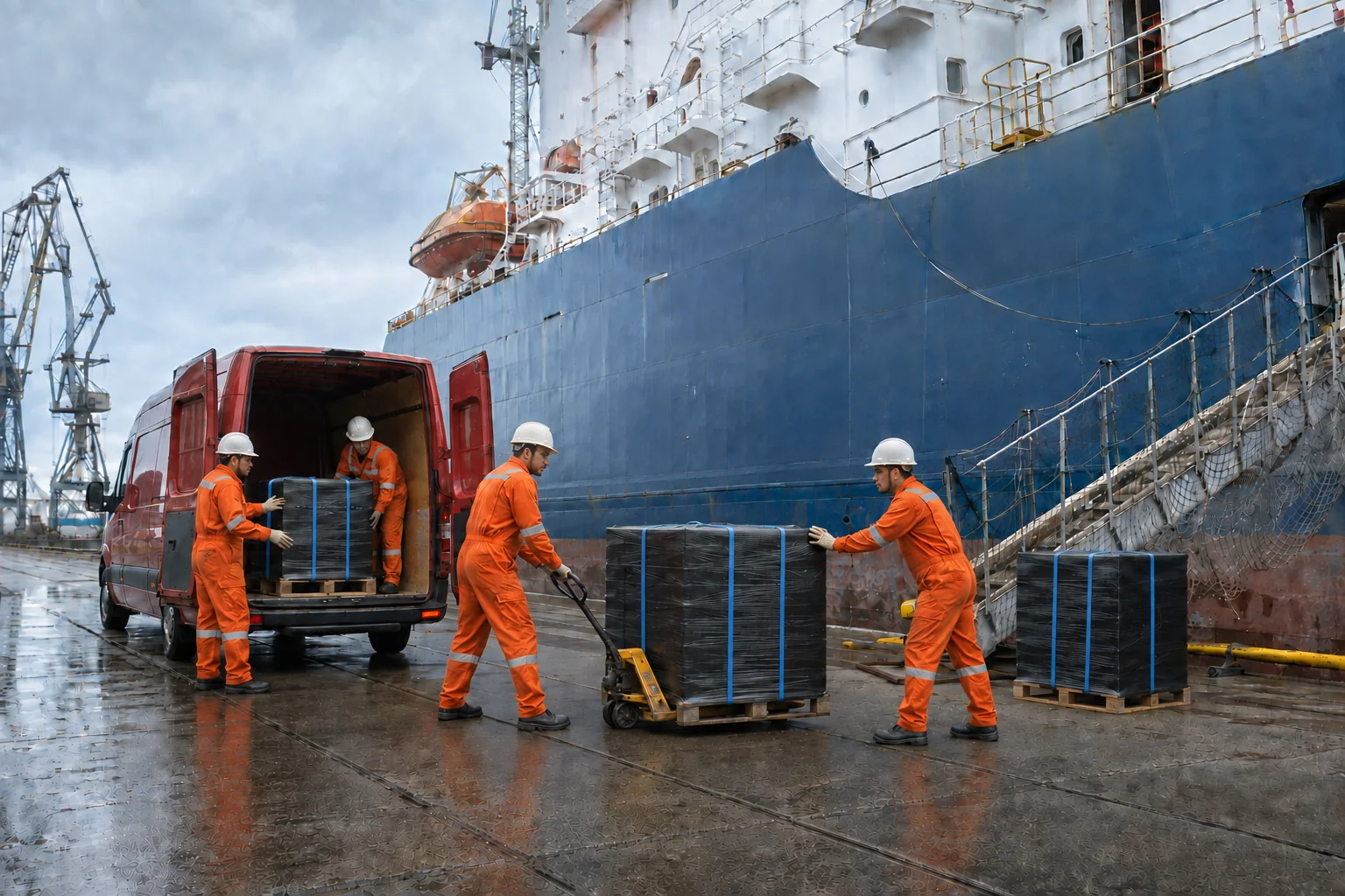 Filipino ship crew unloading black-wrapped pallets from a local delivery van directly beside a vessel in a Gdynia or Gdansk repair shipyard
